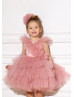 Beaded V Neck Blush Tulle Ruffle Flower Girl Dress